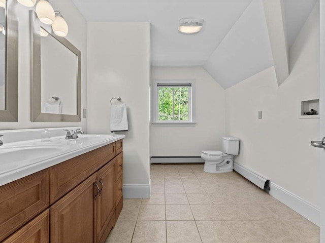 1 Dragonfly Way, Londonderry, NH 03053 - full bathroom with baseboard heating, double vanity, lofted ceiling, and tile patterned floors