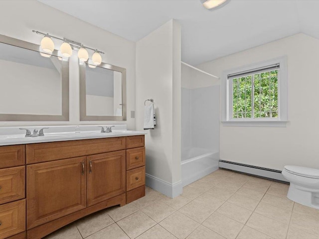 1 Dragonfly Way, Londonderry, NH 03053 - full bathroom featuring a baseboard radiator, double vanity, shower / bath combination, and tile patterned flooring
