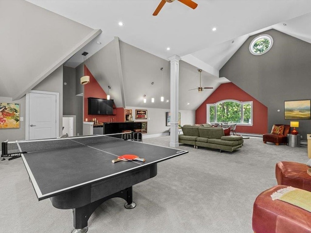 1 Dragonfly Way, Londonderry, NH 03053 - game room featuring ceiling fan, carpet, vaulted ceiling, decorative columns, and recessed lighting