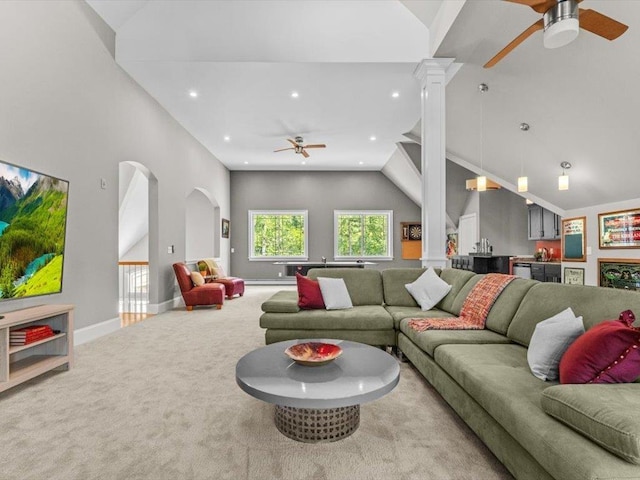1 Dragonfly Way, Londonderry, NH 03053 - living area featuring ceiling fan, decorative columns, carpet flooring, recessed lighting, and high vaulted ceiling