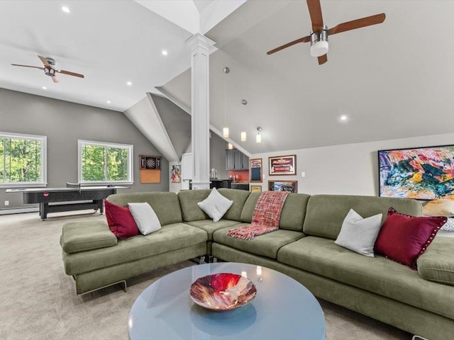 1 Dragonfly Way, Londonderry, NH 03053 - living room featuring ceiling fan, light colored carpet, recessed lighting, vaulted ceiling, and decorative columns