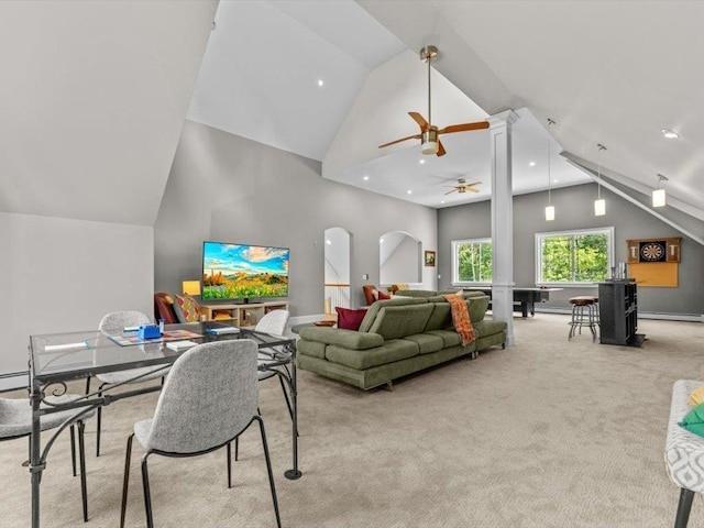 1 Dragonfly Way, Londonderry, NH 03053 - living room featuring light colored carpet, ceiling fan, high vaulted ceiling, and recessed lighting