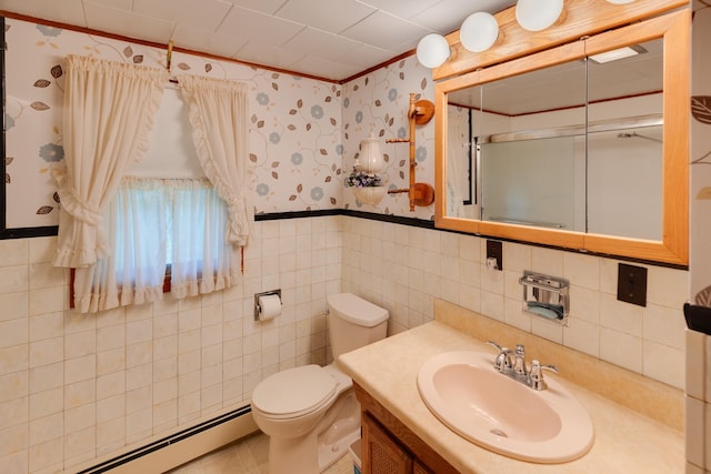 141 Manns Hill Rd, Littleton, NH 03561 - full bath with a baseboard radiator, a shower with shower door, vanity, wallpapered walls, and tile walls
