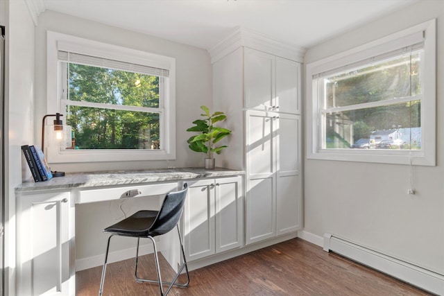 38 Heald St, Goffstown, NH 03102 - office area with a baseboard radiator, wood finished floors, and built in desk