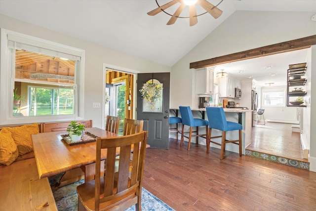 38 Heald St, Goffstown, NH 03102 - dining room featuring ceiling fan, wood finished floors, and high vaulted ceiling