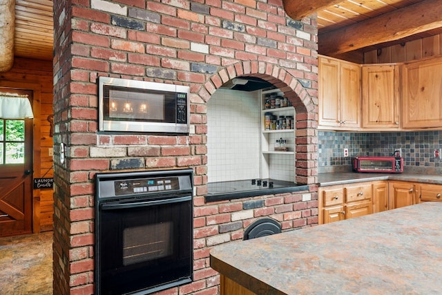 572 Old Cheshire Tpke, Charlestown, NH 03603 - kitchen with stainless steel microwave, oven, light brown cabinets, tasteful backsplash, and a wooden ceiling with exposed beams