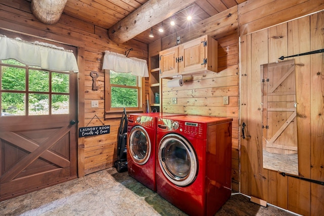 572 Old Cheshire Tpke, Charlestown, NH 03603 - laundry room with washer and dryer, wooden walls, and wood ceiling