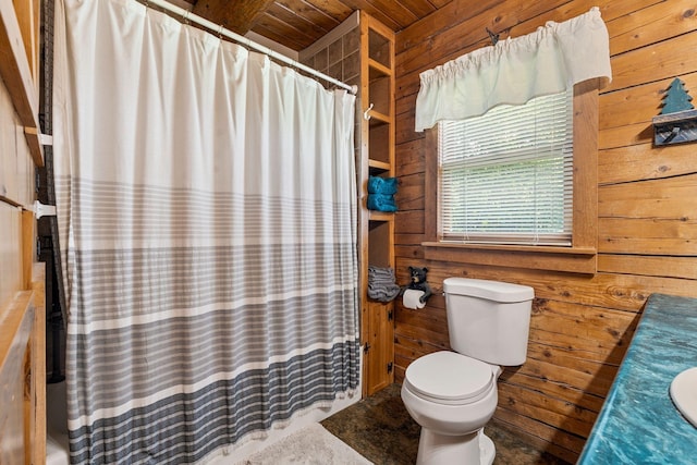 572 Old Cheshire Tpke, Charlestown, NH 03603 - bathroom featuring wooden ceiling, wooden walls, vanity, and a shower with shower curtain