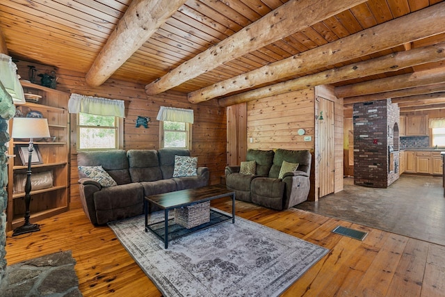 572 Old Cheshire Tpke, Charlestown, NH 03603 - living room featuring dark wood-style floors, a wood ceiling with exposed beams, and wooden walls