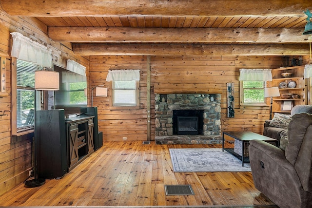 572 Old Cheshire Tpke, Charlestown, NH 03603 - living area featuring light wood finished floors, wooden walls, a wooden ceiling with exposed beams, and a fireplace