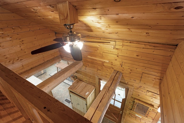 572 Old Cheshire Tpke, Charlestown, NH 03603 - detailed view of wood ceiling, ceiling fan, and wood walls