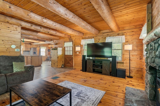 572 Old Cheshire Tpke, Charlestown, NH 03603 - living room with wood walls, a wooden ceiling with exposed beams, and light wood-type flooring