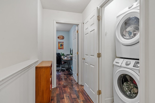 317 Old Concord Tpke Unit 1, Barrington, NH 03825 - laundry room featuring stacked washer / dryer, dark wood-style floors, and an office area