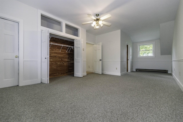 153 N Rd, Brentwood, NH 03833 - unfurnished bedroom with carpet floors, a baseboard heating unit, a closet, vaulted ceiling, and a ceiling fan