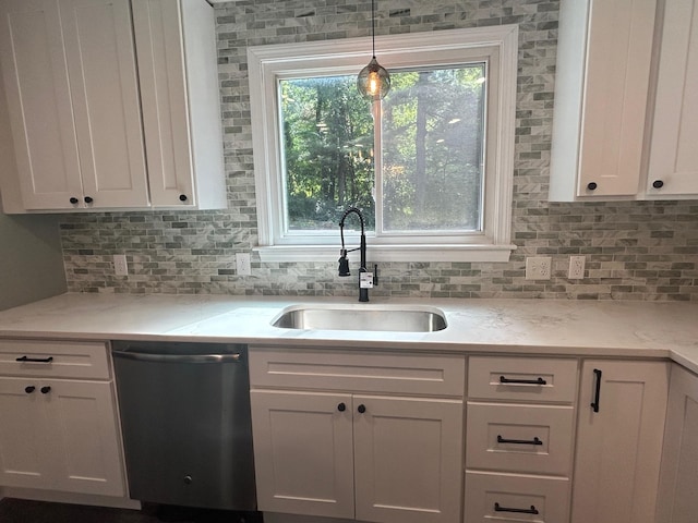 32 Muddy Pond Rd, Kensington, NH 03833 - kitchen featuring stainless steel dishwasher, decorative backsplash, white cabinets, pendant lighting, and light stone counters