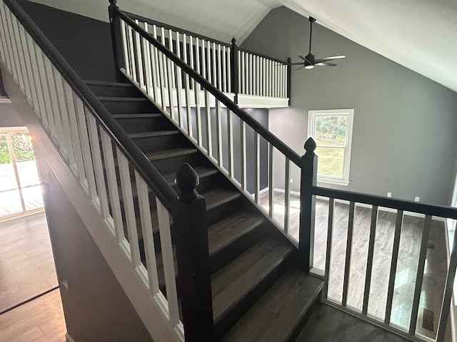 32 Muddy Pond Rd, Kensington, NH 03833 - stairs featuring a ceiling fan, wood finished floors, and high vaulted ceiling