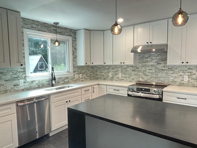 32 Muddy Pond Rd, Kensington, NH 03833 - kitchen with stainless steel appliances, under cabinet range hood, decorative backsplash, and white cabinetry