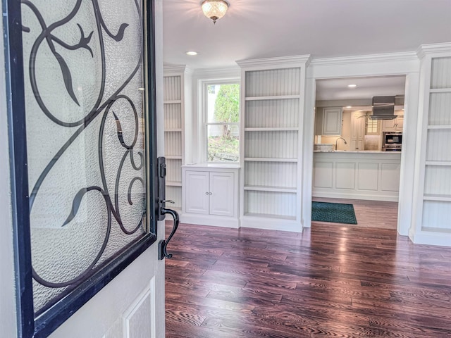 1043 Main St, Sunapee, NH 03751 - entryway featuring wood finished floors, crown molding, and recessed lighting