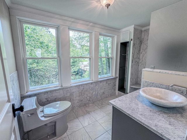 1043 Main St, Sunapee, NH 03751 - full bath with vanity, a shower, marble finish floors, and ornamental molding
