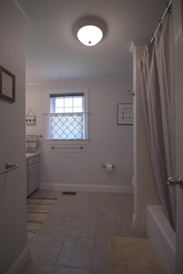 7 Minuteman Ln Unit 7, Exeter, NH 03833 - bathroom with crown molding, shower / bathtub combination with curtain, vanity, and tile patterned floors