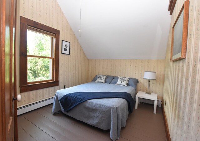 136 Sparhawk St, Portsmouth, NH 03801 - bedroom featuring a baseboard radiator, wallpapered walls, hardwood / wood-style flooring, and vaulted ceiling