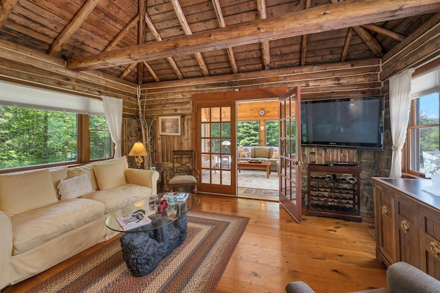 83 Towle Rd, Jackson, NH 03846 - living room with a wood ceiling with exposed beams, hardwood / wood-style floors, and high vaulted ceiling