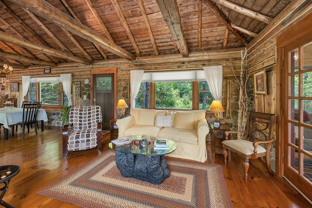 83 Towle Rd, Jackson, NH 03846 - living area featuring a wood ceiling with exposed beams, hardwood / wood-style flooring, healthy amount of natural light, high vaulted ceiling, and wooden walls