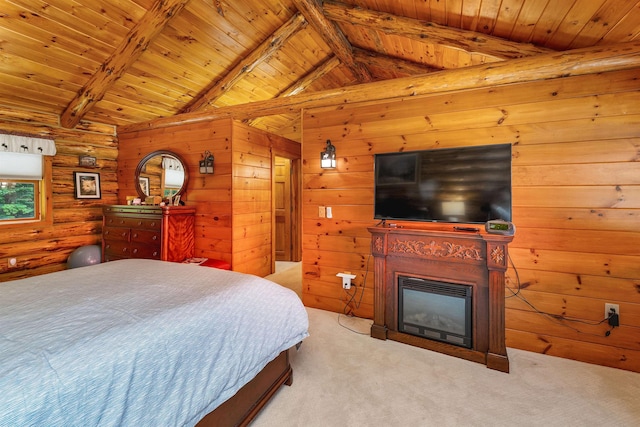 83 Towle Rd, Jackson, NH 03846 - bedroom featuring light colored carpet, wood ceiling, a glass covered fireplace, and wood walls