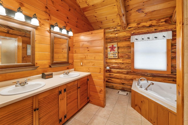 83 Towle Rd, Jackson, NH 03846 - bathroom with lofted ceiling, wood ceiling, double vanity, tile patterned floors, and a bath