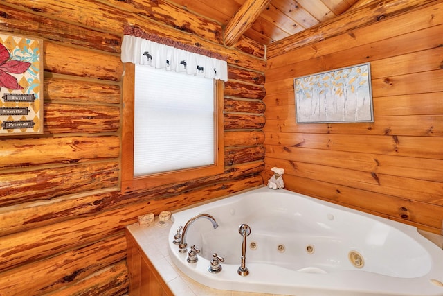 83 Towle Rd, Jackson, NH 03846 - bathroom with a tub with jets, a wood ceiling with exposed beams, and rustic walls