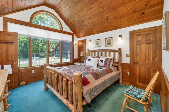 83 Towle Rd, Jackson, NH 03846 - carpeted bedroom featuring lofted ceiling, a wainscoted wall, wooden walls, and wooden ceiling