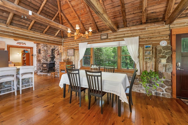 83 Towle Rd, Jackson, NH 03846 - dining room featuring a wood ceiling with exposed beams, high vaulted ceiling, a wood stove, and hardwood / wood-style floors