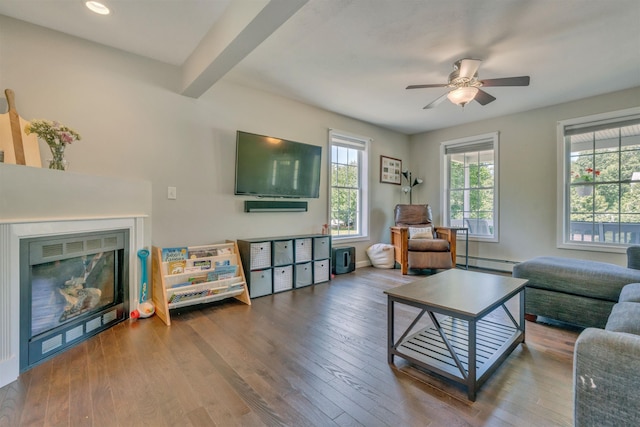 15 Winslow Dr, Somersworth, NH 03878 - living area with wood finished floors, ceiling fan, a baseboard heating unit, beamed ceiling, and recessed lighting