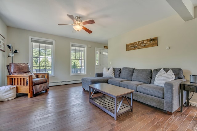 15 Winslow Dr, Somersworth, NH 03878 - living room featuring a baseboard radiator, wood finished floors, and a ceiling fan