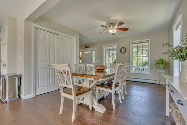 15 Winslow Dr, Somersworth, NH 03878 - dining room with a baseboard heating unit, dark wood finished floors, and a ceiling fan