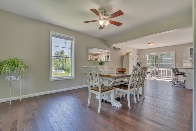 15 Winslow Dr, Somersworth, NH 03878 - dining space featuring a wall mounted air conditioner, a ceiling fan, and dark wood-style floors
