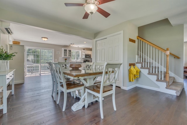 15 Winslow Dr, Somersworth, NH 03878 - dining area with a wall mounted AC, ceiling fan, wood finished floors, and stairs