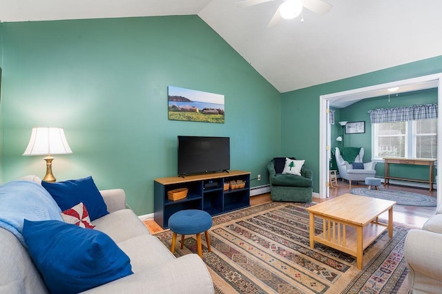 6 Lacy Ln, Nashua, NH 03062 - living room featuring a baseboard heating unit, wood finished floors, ceiling fan, baseboard heating, and high vaulted ceiling