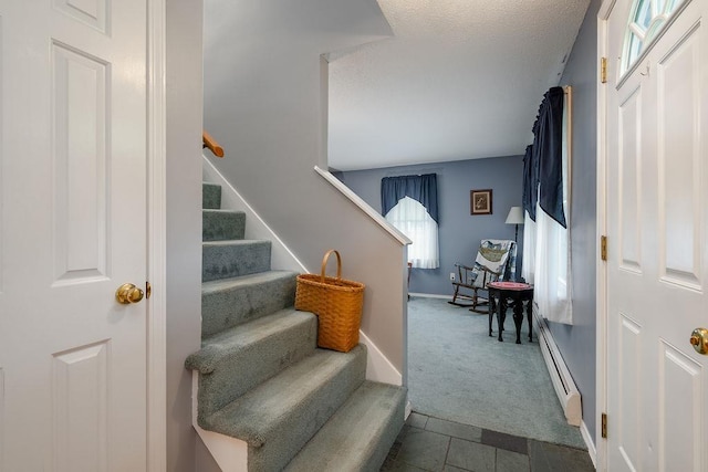 6 Lacy Ln, Nashua, NH 03062 - stairs featuring carpet, healthy amount of natural light, tile patterned floors, baseboard heating, and a textured ceiling