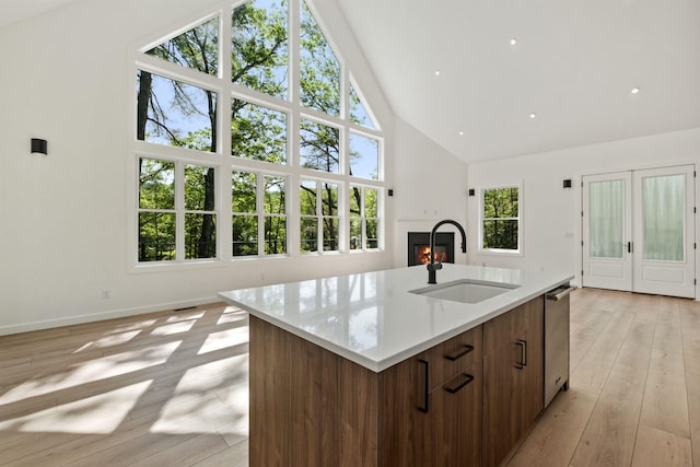 74 Scenic View Rd, Ashland, NH 03217 - kitchen with high vaulted ceiling, a glass covered fireplace, an island with sink, light wood finished floors, and plenty of natural light
