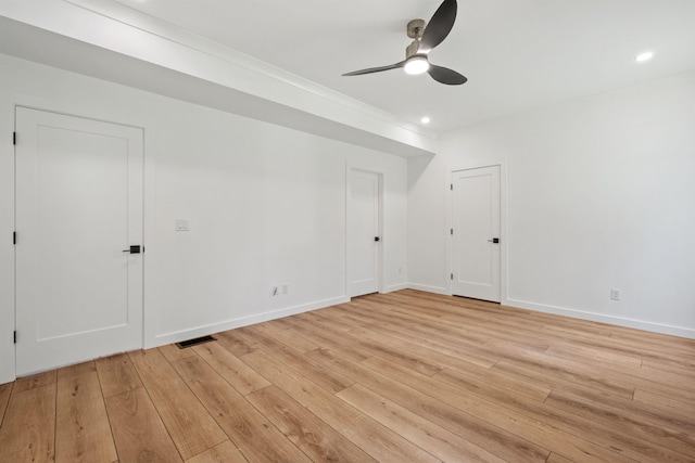 74 Scenic View Rd, Ashland, NH 03217 - unfurnished bedroom featuring crown molding, light wood-style flooring, recessed lighting, and ceiling fan