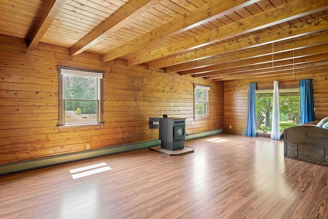 43 Knights Pond Rd, South Berwick, ME 03908 - unfurnished living room featuring a wood stove, baseboard heating, wood finished floors, a wood ceiling with exposed beams, and wooden walls