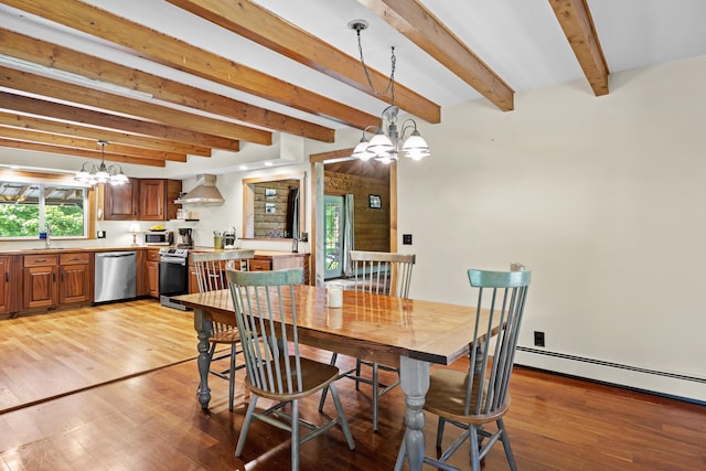 43 Knights Pond Rd, South Berwick, ME 03908 - dining room featuring a chandelier, light wood finished floors, beamed ceiling, and baseboard heating