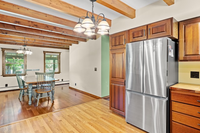 43 Knights Pond Rd, South Berwick, ME 03908 - dining room featuring a chandelier, beam ceiling, light wood-style floors, and baseboard heating