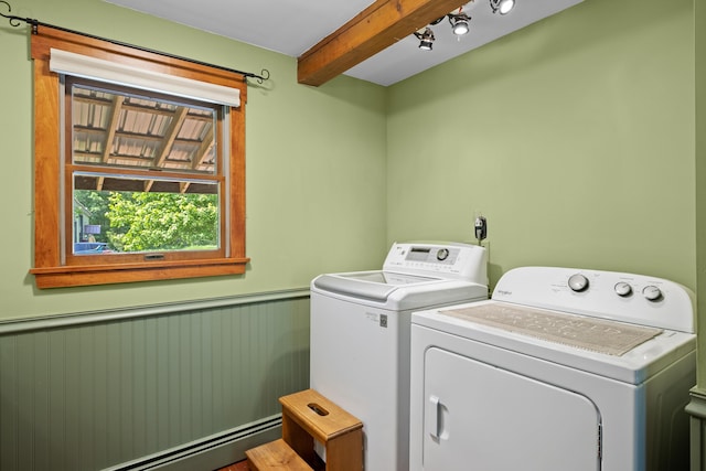 43 Knights Pond Rd, South Berwick, ME 03908 - laundry room with separate washer and dryer, baseboard heating, and a wainscoted wall