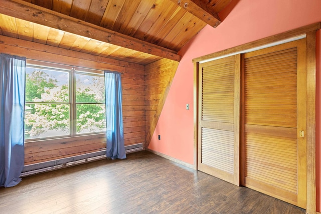 43 Knights Pond Rd, South Berwick, ME 03908 - spare room with a wooden ceiling with exposed beams, wood walls, and dark wood finished floors