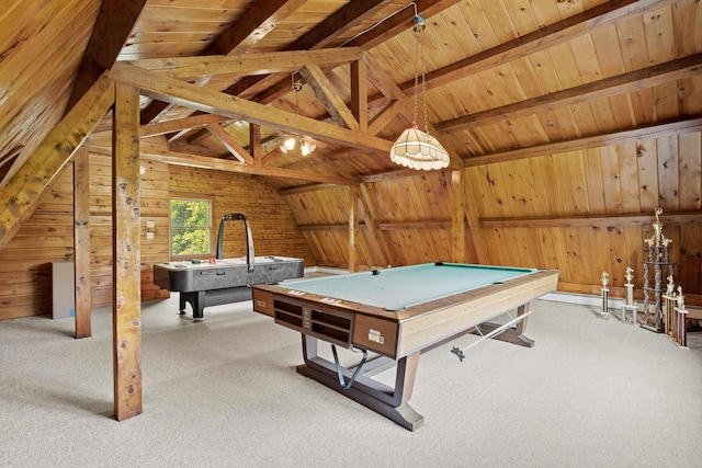 43 Knights Pond Rd, South Berwick, ME 03908 - playroom with billiards, carpet flooring, wood walls, and wood ceiling