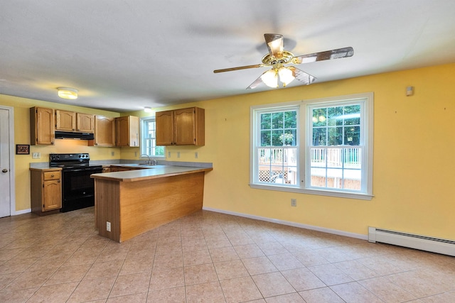 21 Winter Dr, Hooksett, NH 03106 - kitchen with black range with electric cooktop, a peninsula, under cabinet range hood, and plenty of natural light