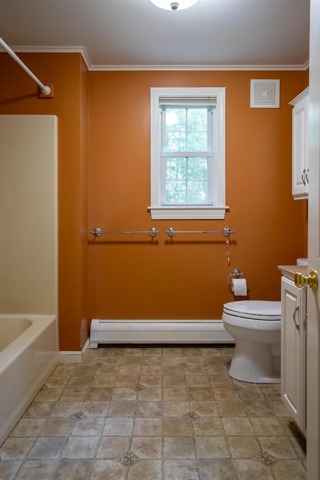 144 Packers Falls Rd, Durham, NH 03824 - full bath featuring baseboard heating, ornamental molding, vanity, shower / washtub combination, and stone finish floors