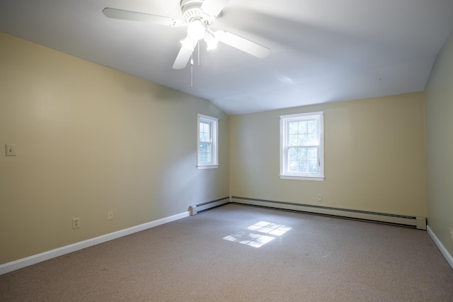 144 Packers Falls Rd, Durham, NH 03824 - carpeted spare room with lofted ceiling, a baseboard radiator, and ceiling fan